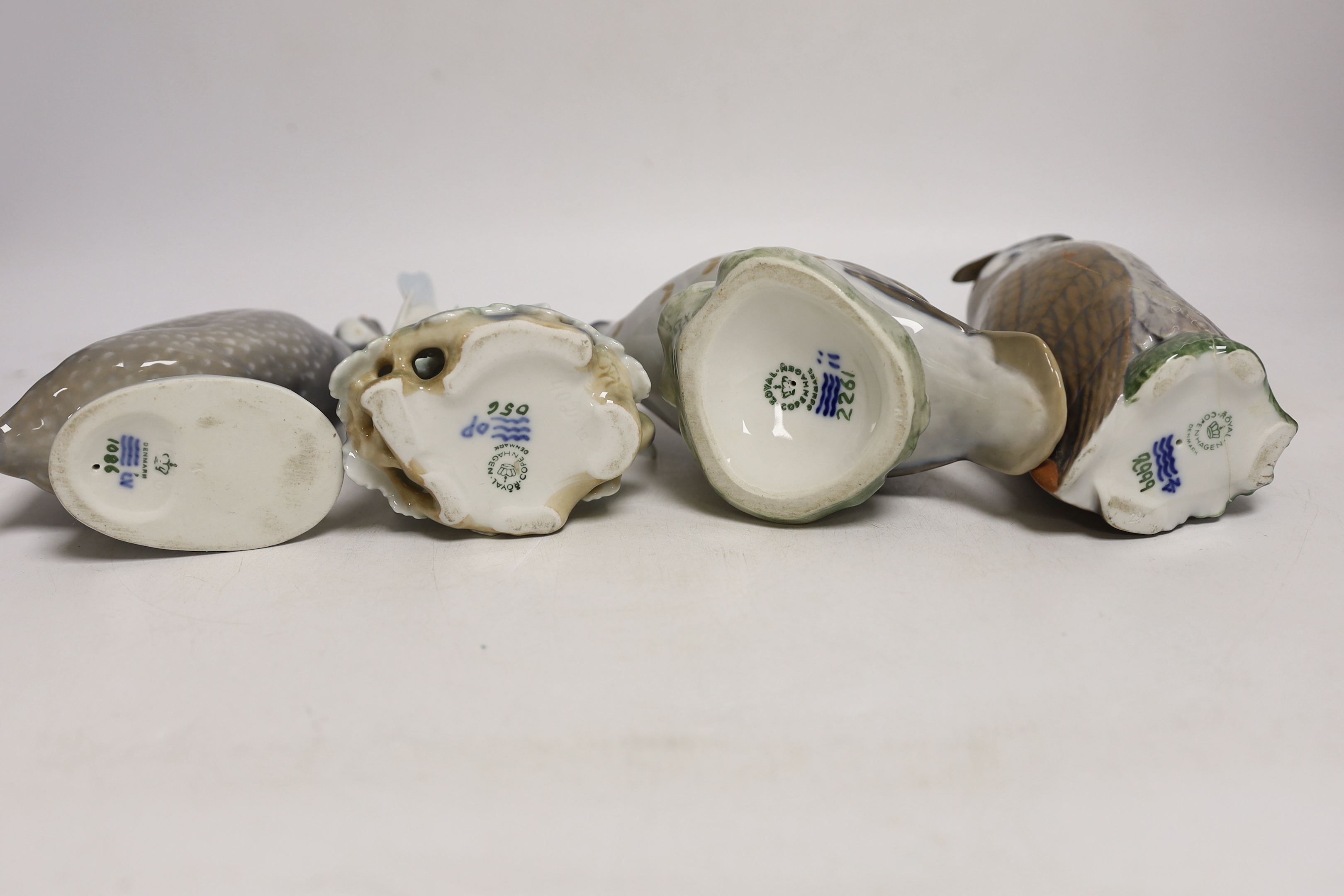 A six Royal Copenhagen birds including a swan and an owl, largest 17cm wide